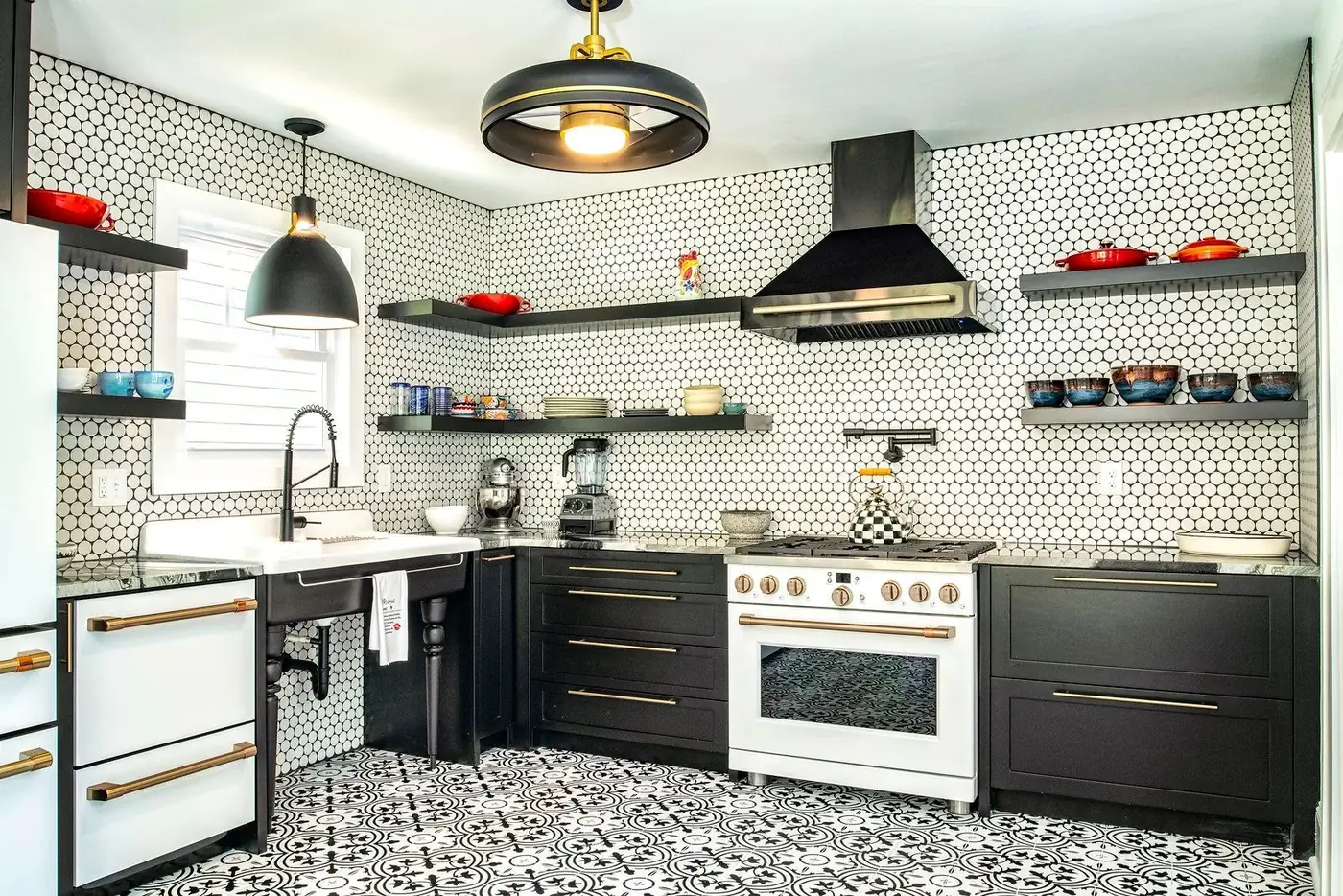 Hand-set penny tile and open shelving — Greenville Kitchen & Bath